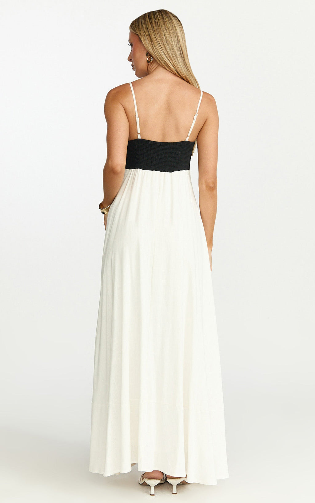 Katrien Maxi Dress - Strappy Empire Waist Flare Dress in Black & White