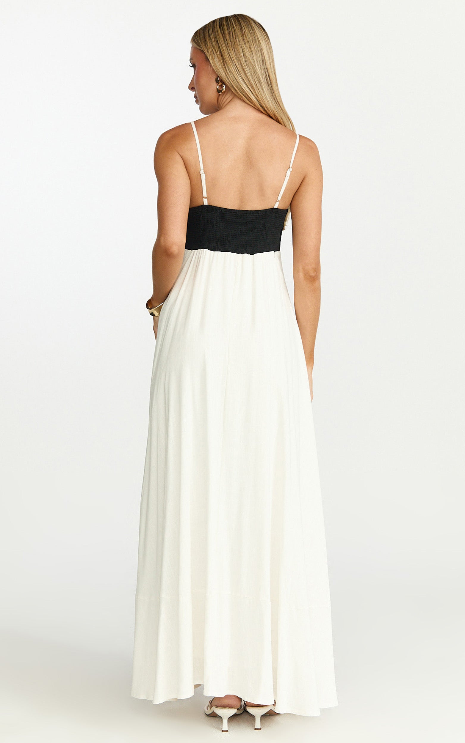 Katrien Maxi Dress - Strappy Empire Waist Flare Dress in Black & White