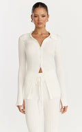 Kelsey Top - Button Through Long Sleeve Knitted Top in Cream