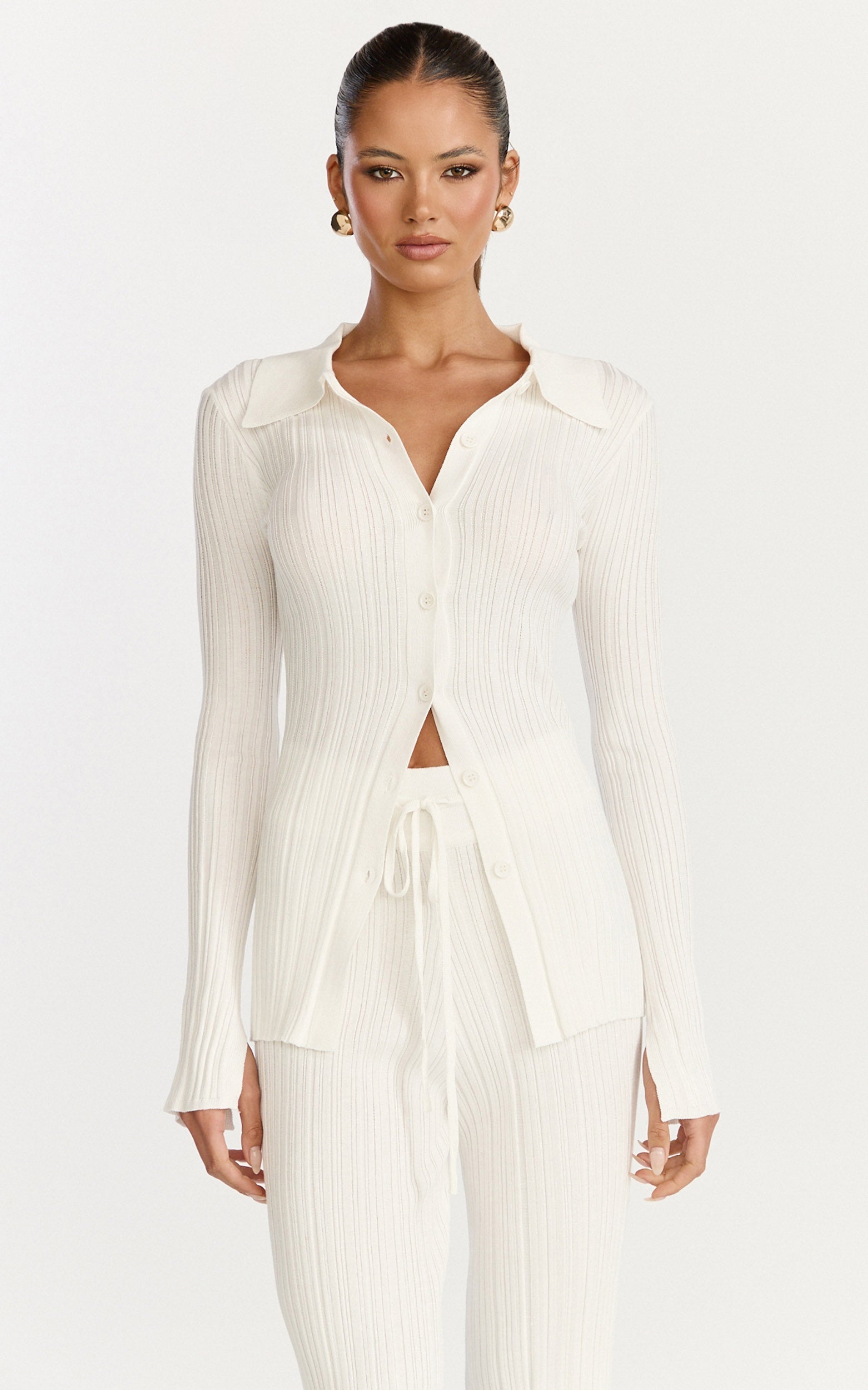 Kelsey Top - Button Through Long Sleeve Knitted Top in Cream