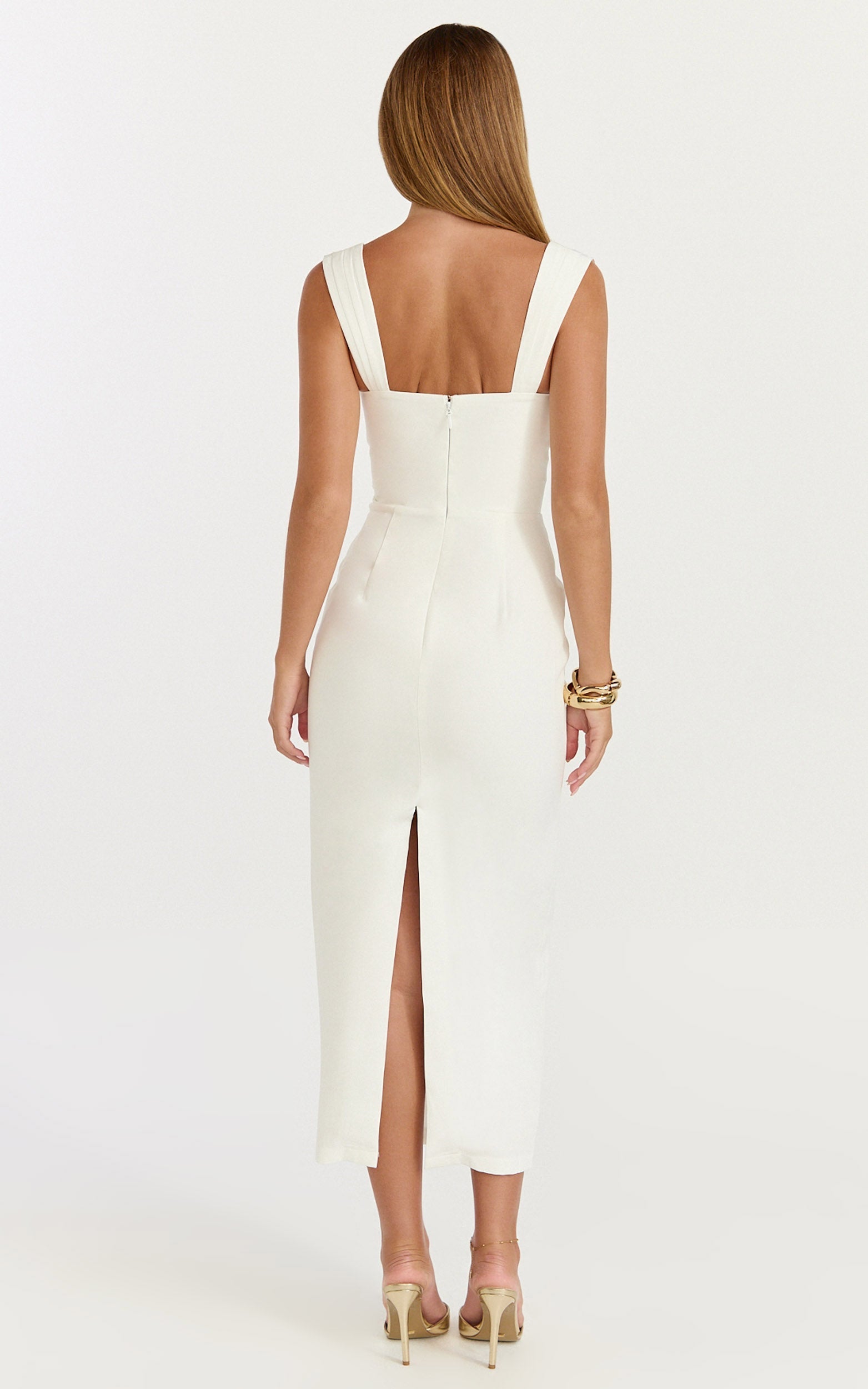 Kenna Midi Dress - Gathered Bust Tucked Waist Dress in Off White