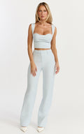 Kenna Two Piece Set - Gathered Bust Top And High Waist Straight Leg Pants Set in Baby Blue