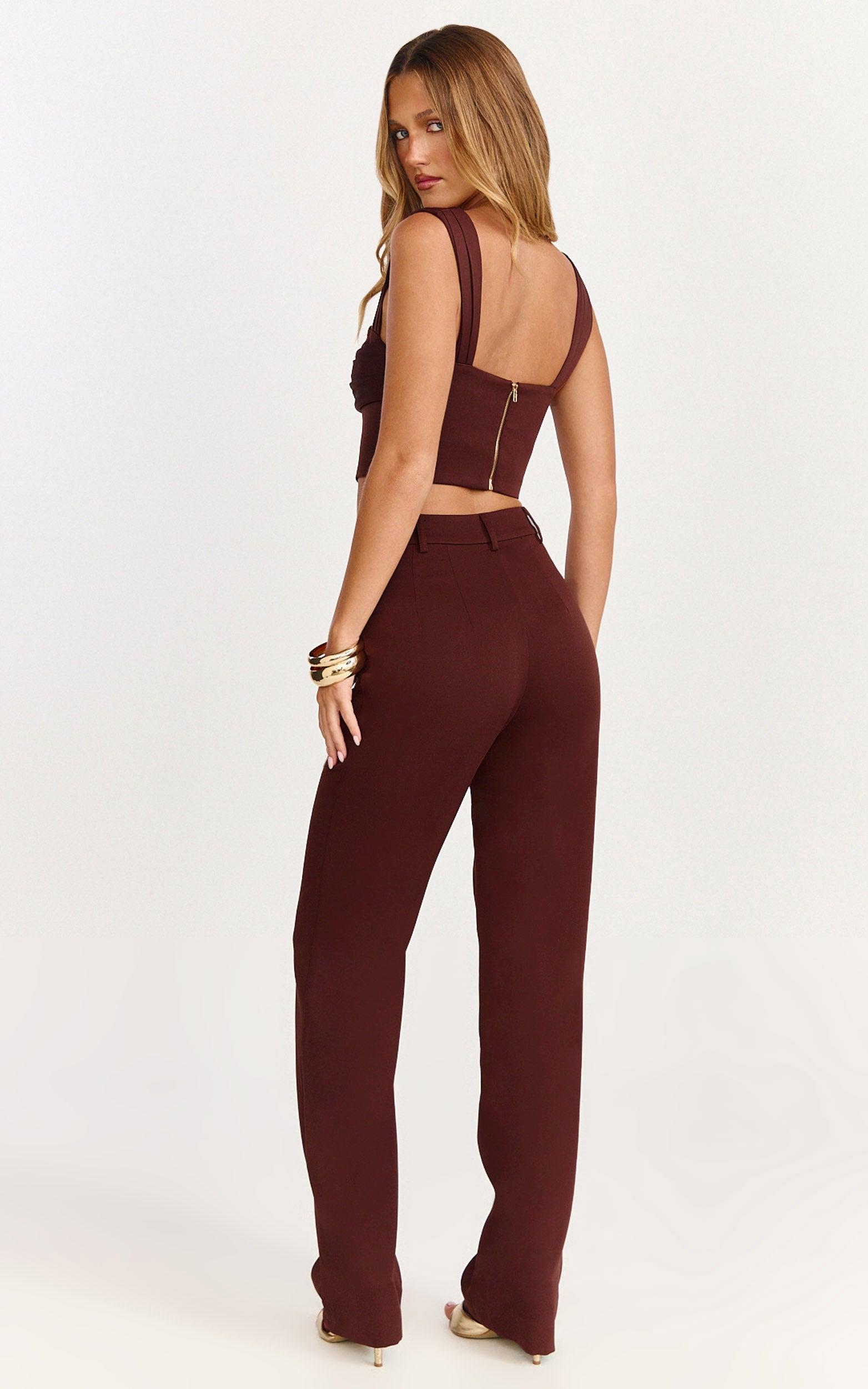 Kenna Two Piece Set - Gathered Bust Top And High Waist Straight Leg Pants Set in Chocolate