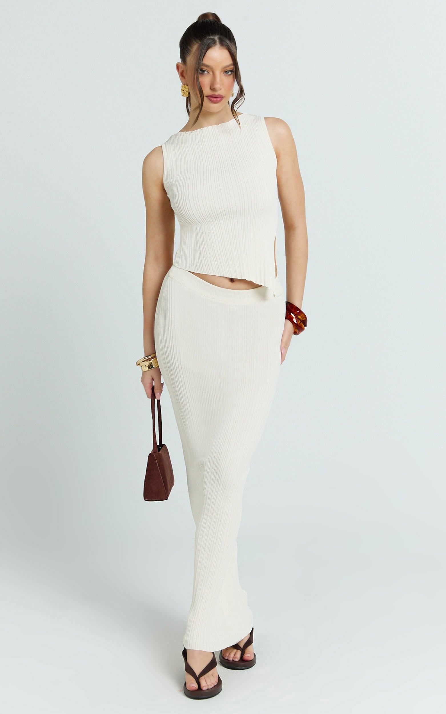 Klarisse Two Piece Top and Skirt Set - Asym Top and Maxi Skirt Set in Cream