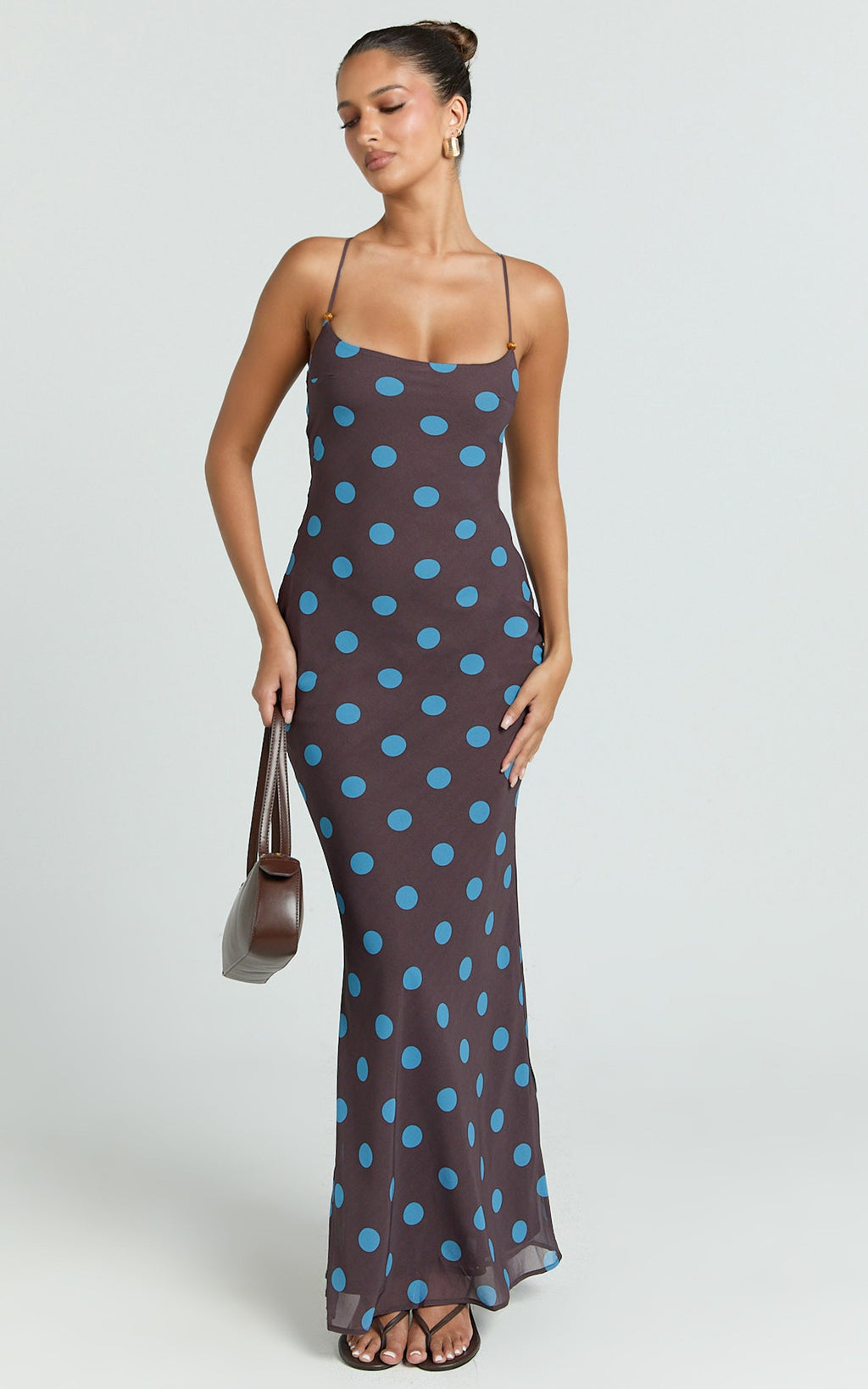 Krishna Maxi Dress - Strappy Scoop Neck Floral Placement Print Georgette Dress in Polka Dot Print