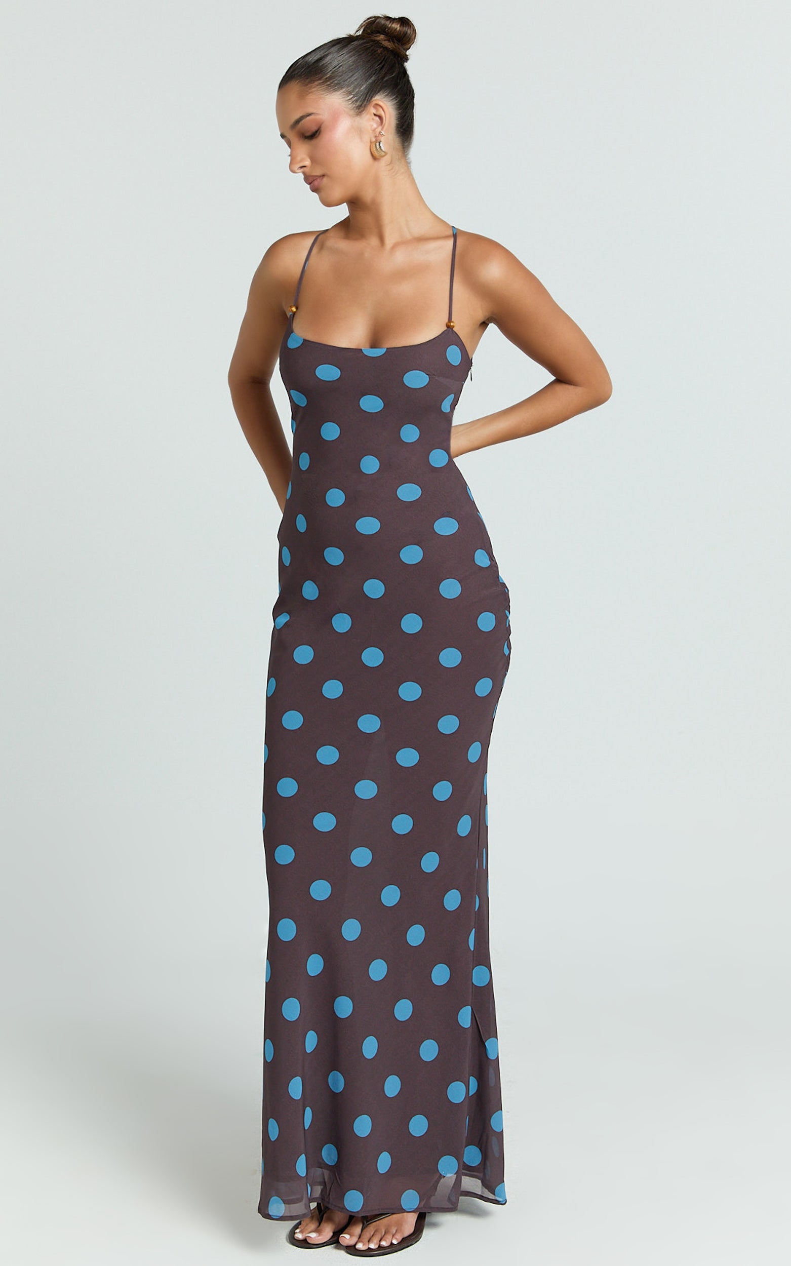Krishna Maxi Dress - Strappy Scoop Neck Floral Placement Print Georgette Dress in Polka Dot Print