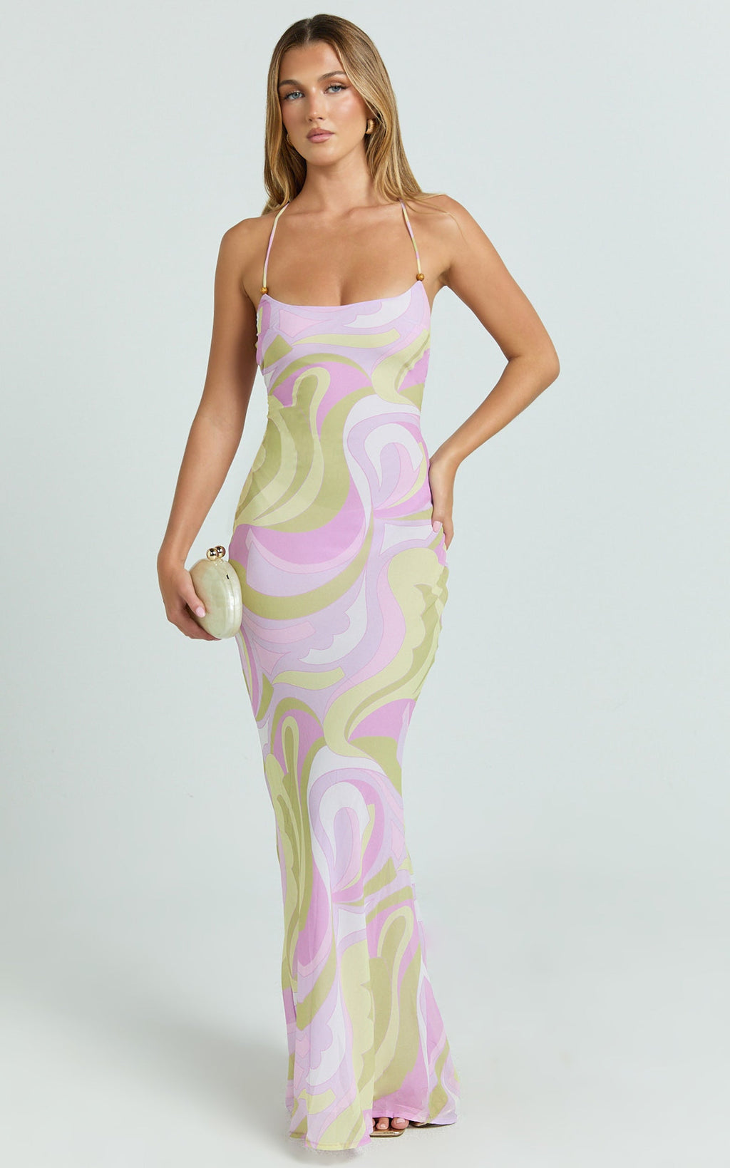 Krishna Maxi Dress - Strappy Scoop Neck Floral Placement Print Georgette Dress in Pucci Print