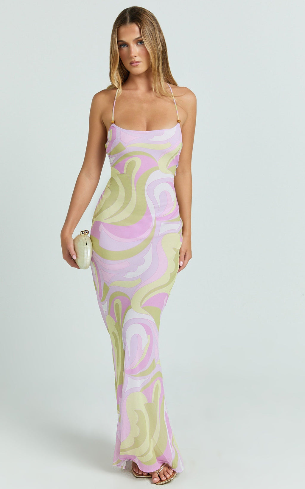 Krishna Maxi Dress - Strappy Scoop Neck Floral Placement Print Georgette Dress in Pucci Print
