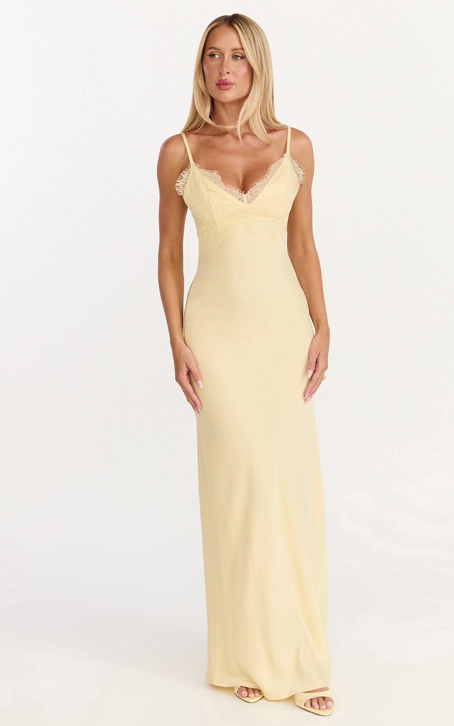 Kyra Maxi Dress - Lace Bust And Tie Back Satin Dress in Lemon