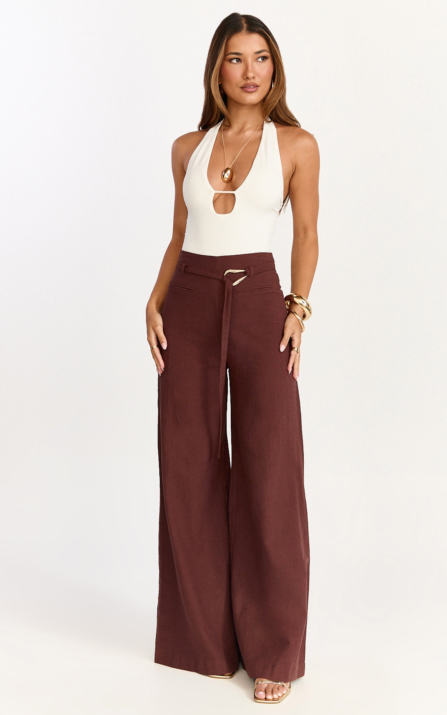 Kyra Pants - Linen Look Belted Wide Leg Pants in Chocolate