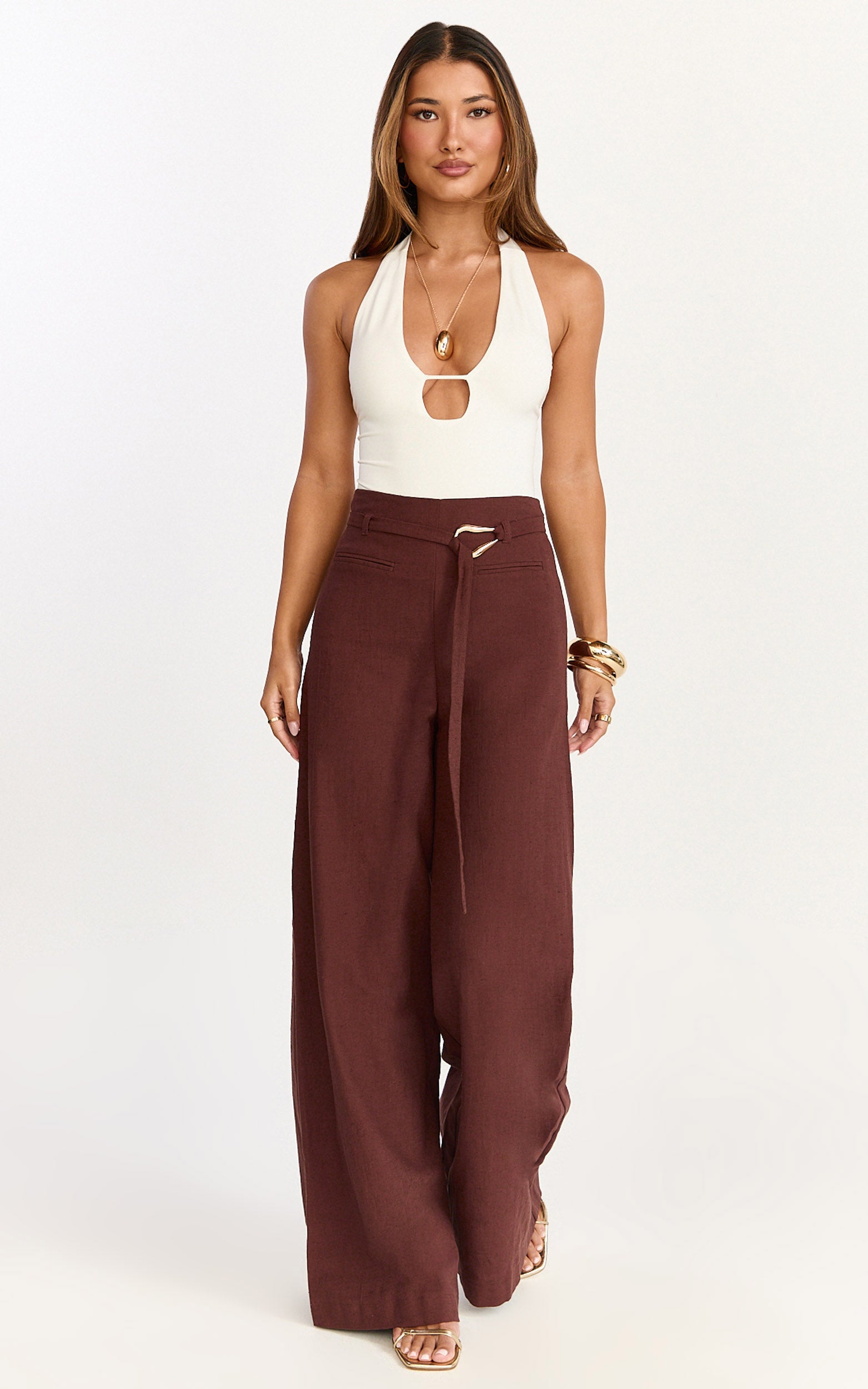 Kyra Pants - Linen Look Belted Wide Leg Pants in Chocolate