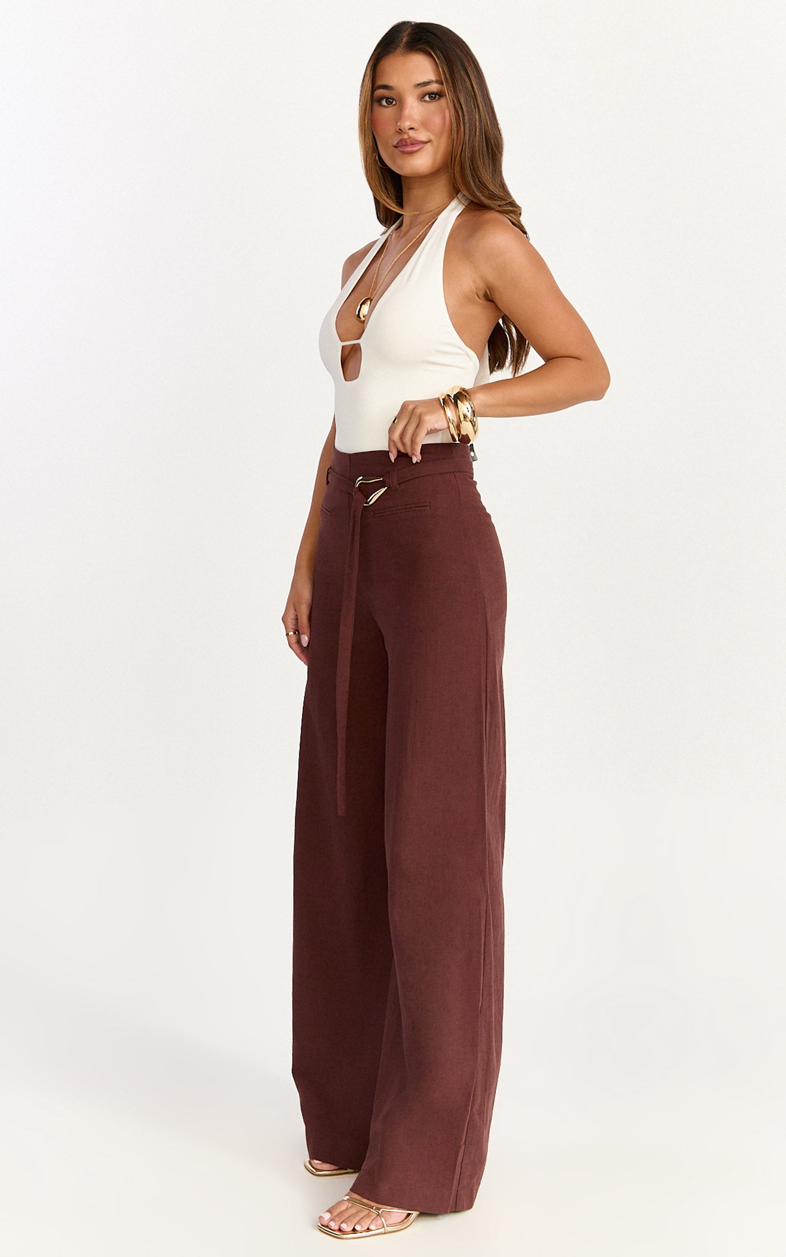 Kyra Pants - Linen Look Belted Wide Leg Pants in Chocolate
