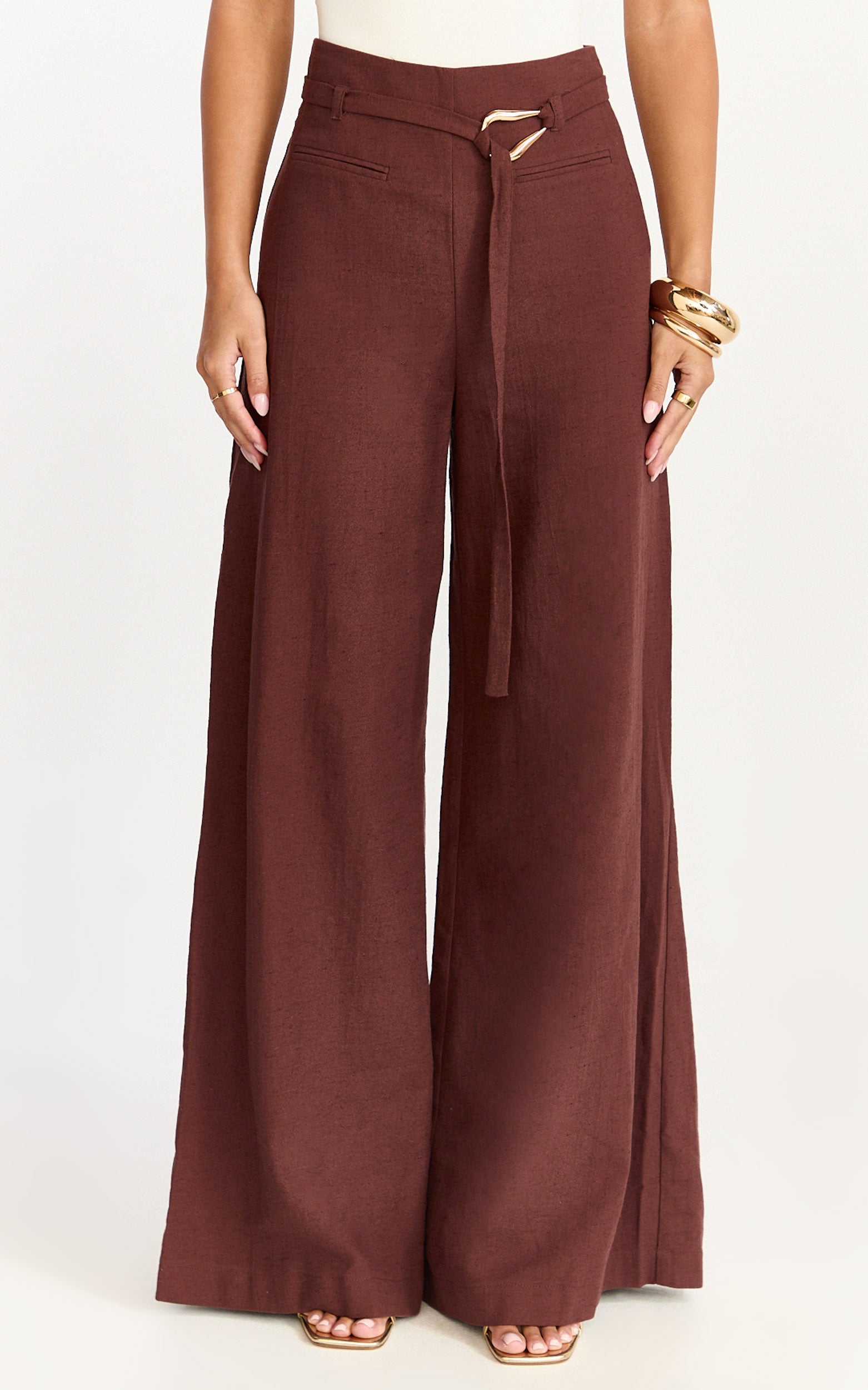 Kyra Pants - Linen Look Belted Wide Leg Pants in Chocolate