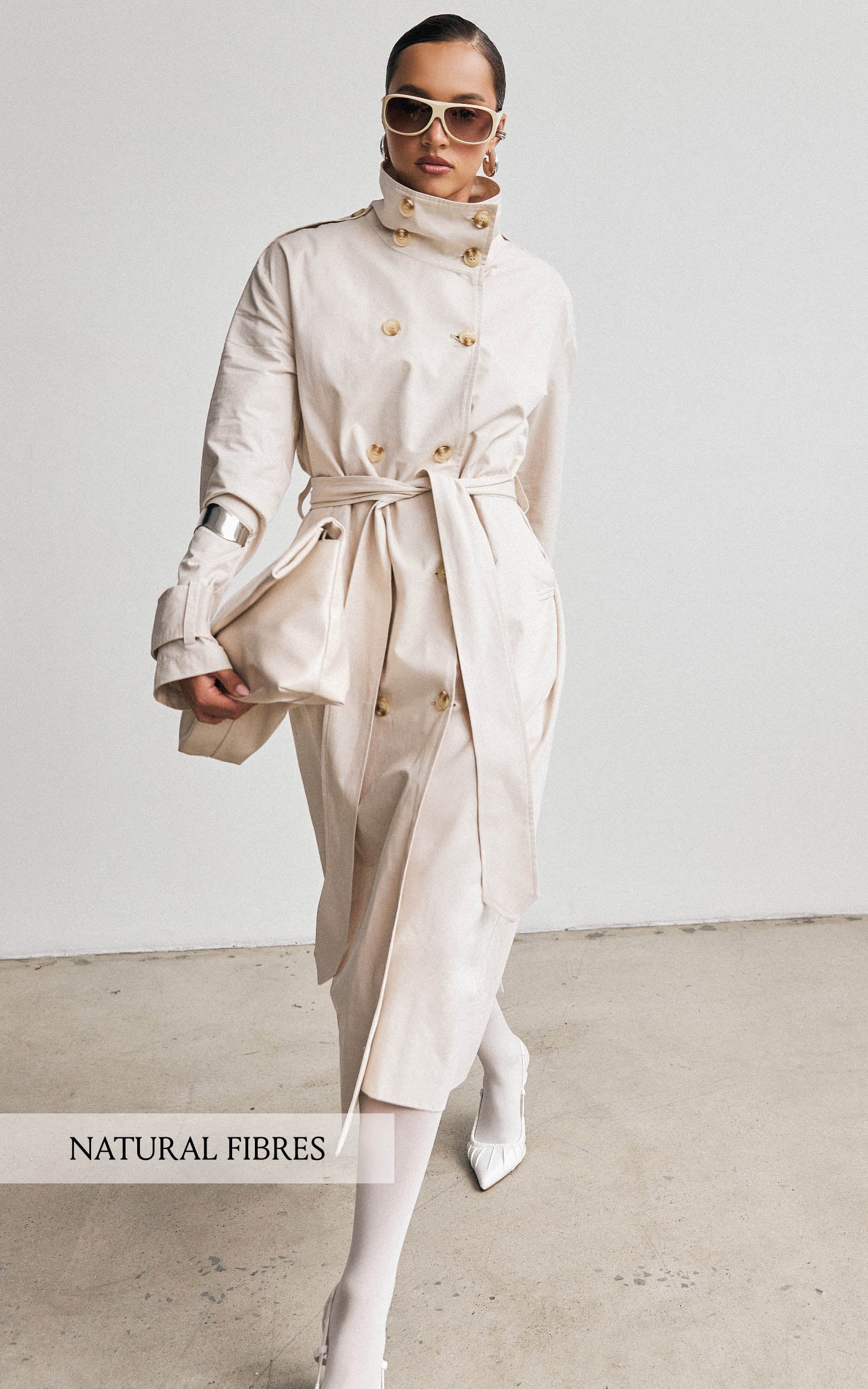 Isla Coat - Funnel Neck Double Breasted Longline Trench Coat in Stone
