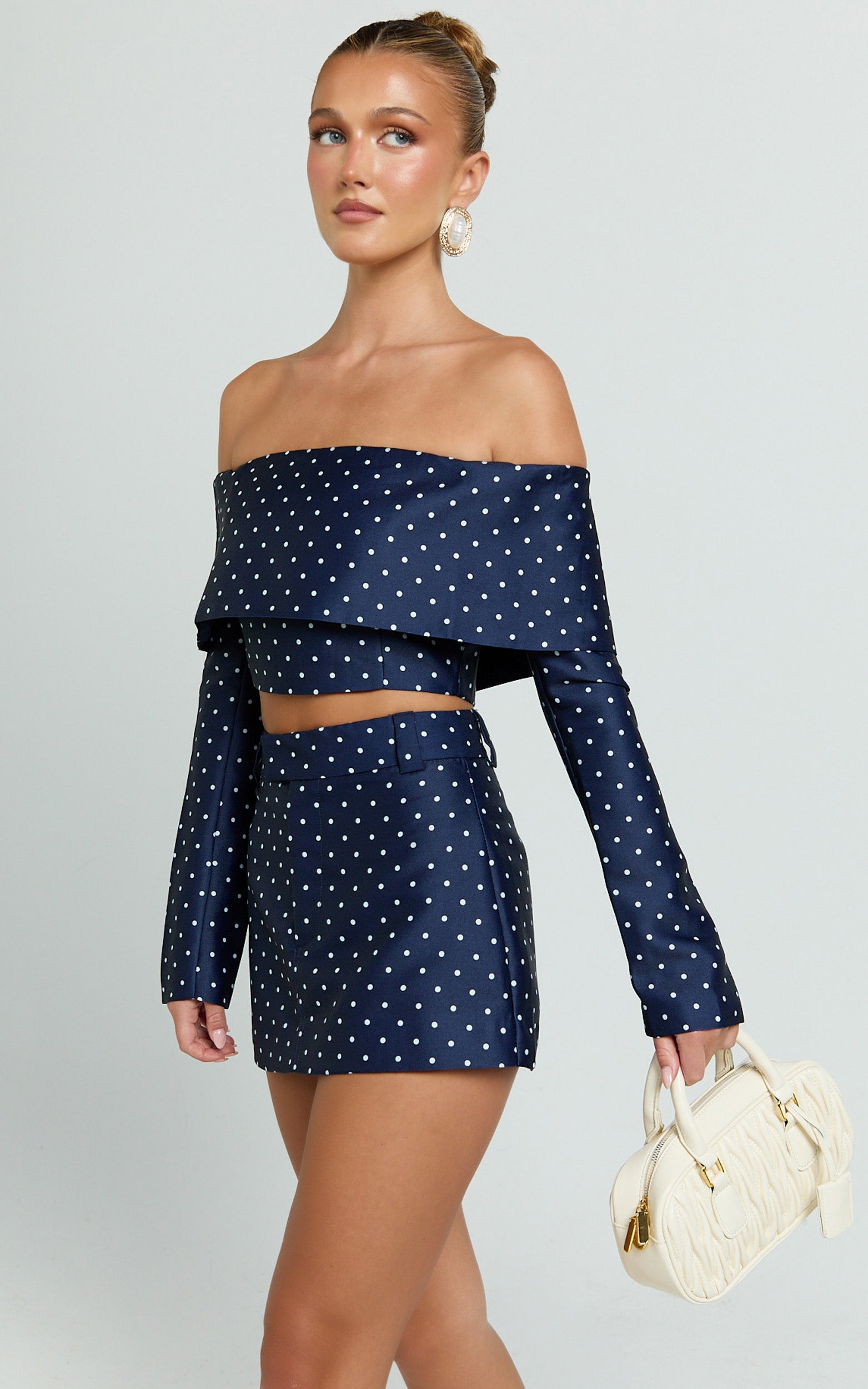 Lana Top - Long Sleeve Off Shoulder Cropped Top in Navy/White Polka Dot