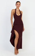 Lani Midi Dress - Scooped Neckline Draped Skirt Halter Dress in Dark Plum
