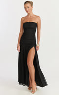 Lara Maxi Dress - Strapless Ruched Mesh High Leg Split Dress in Black