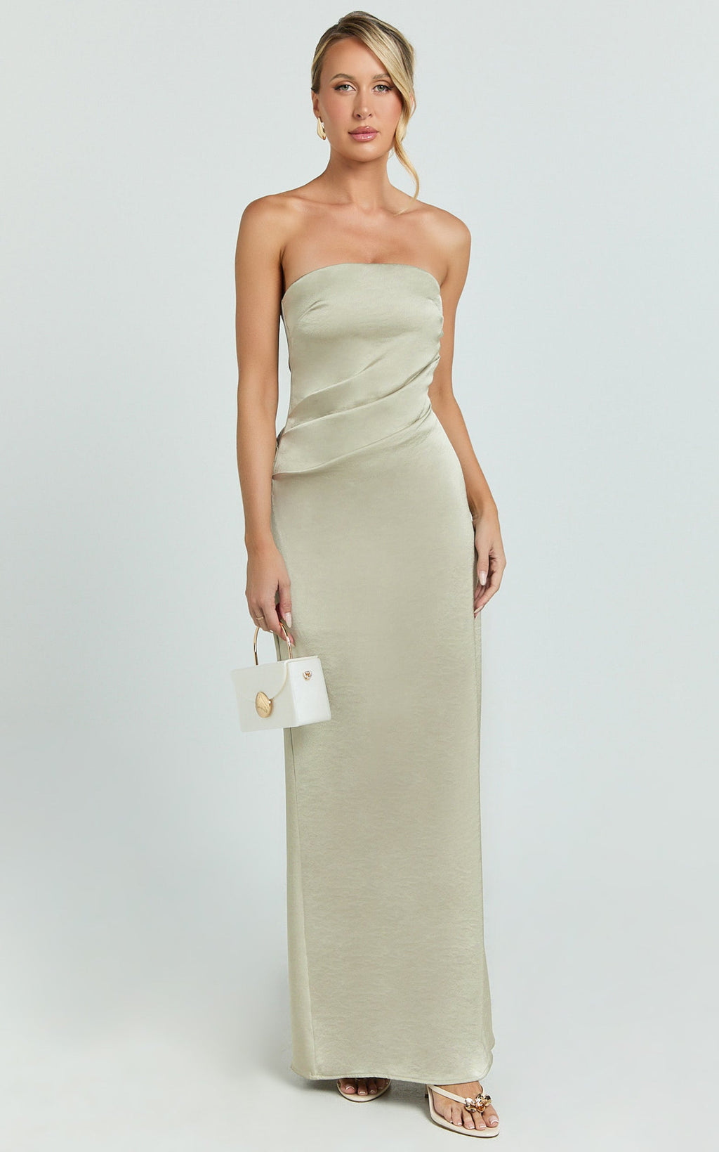 Laurie Maxi Dress - Strapless Draped Satin Dress in Light Olive