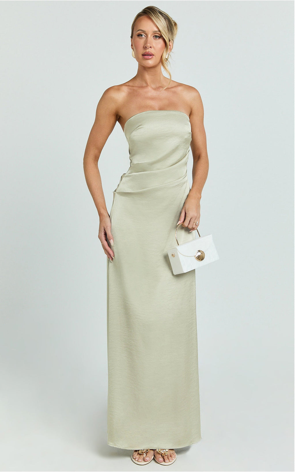 Laurie Maxi Dress - Strapless Draped Satin Dress in Light Olive