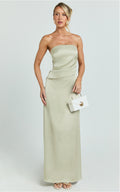 Laurie Maxi Dress - Strapless Draped Satin Dress in Light Olive
