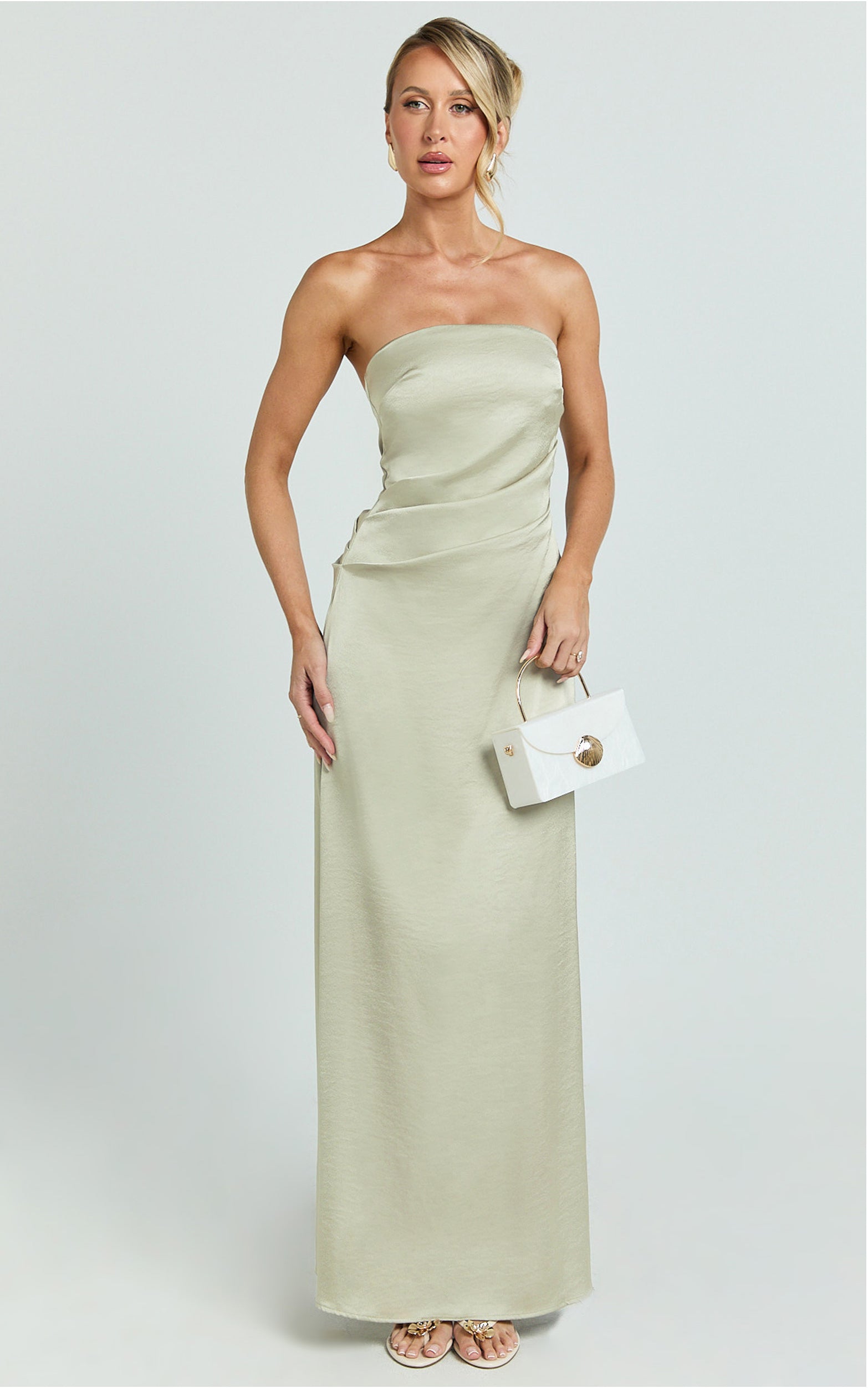 Laurie Maxi Dress - Strapless Draped Satin Dress in Light Olive