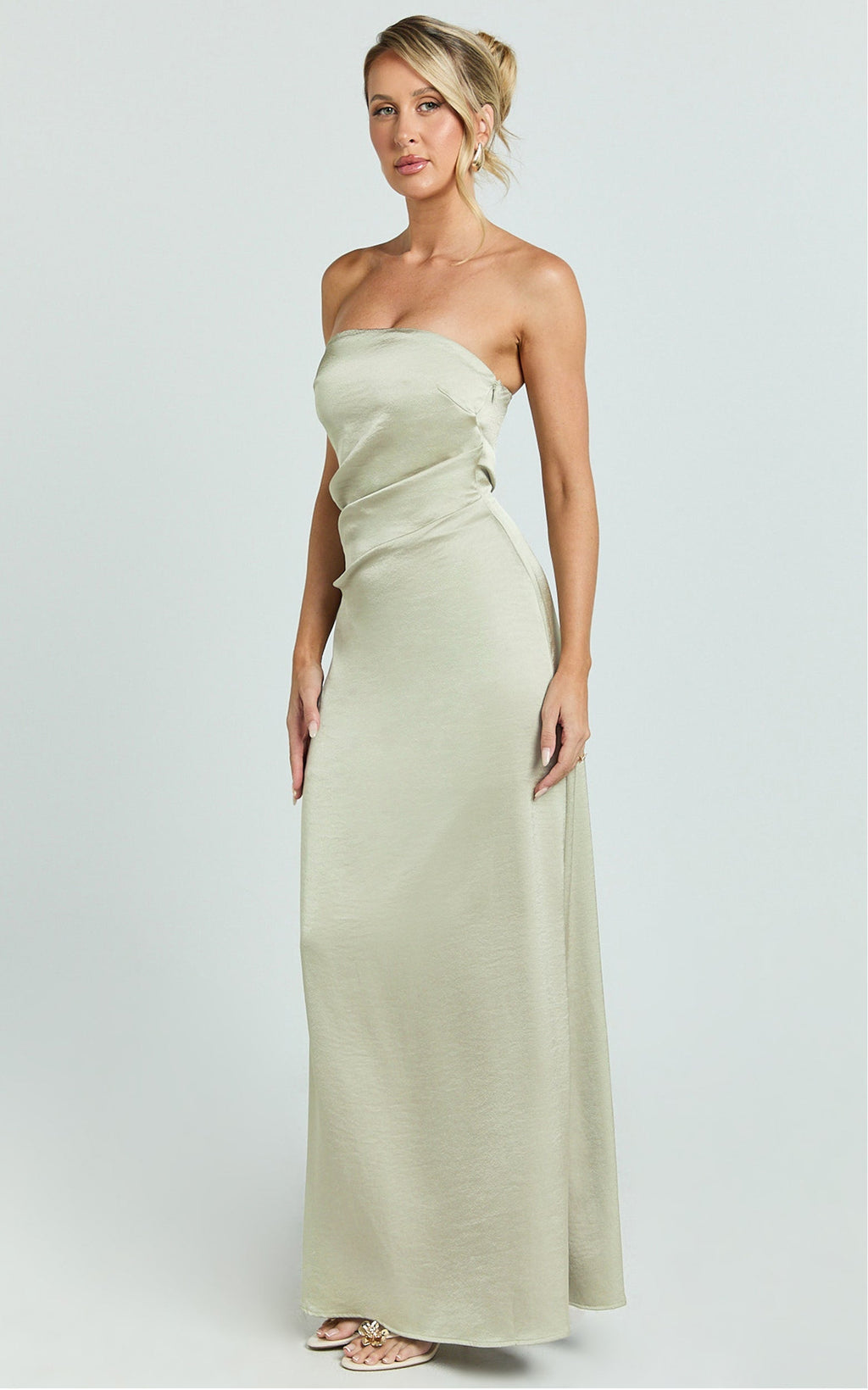 Laurie Maxi Dress - Strapless Draped Satin Dress in Light Olive