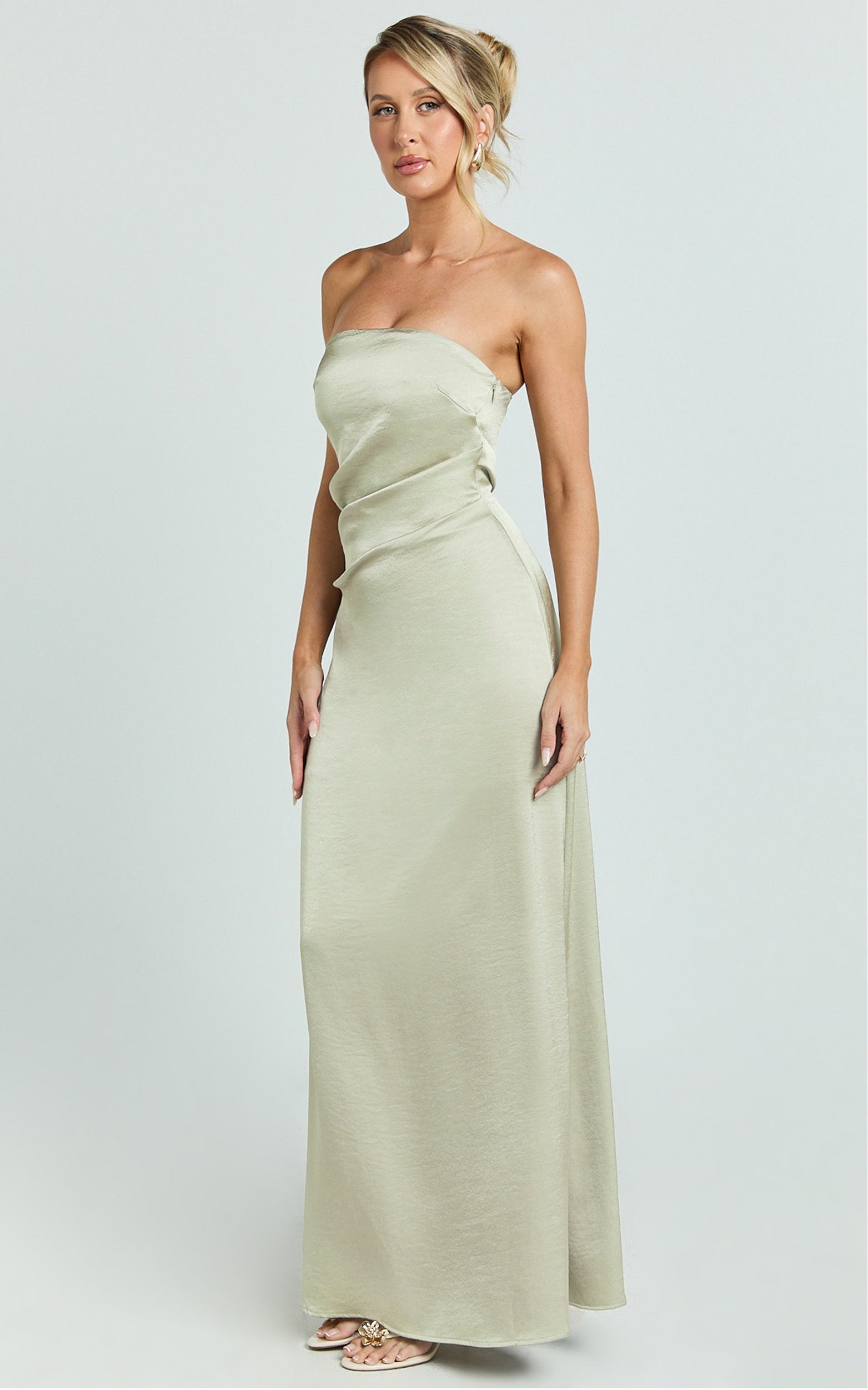 Laurie Maxi Dress - Strapless Draped Satin Dress in Light Olive