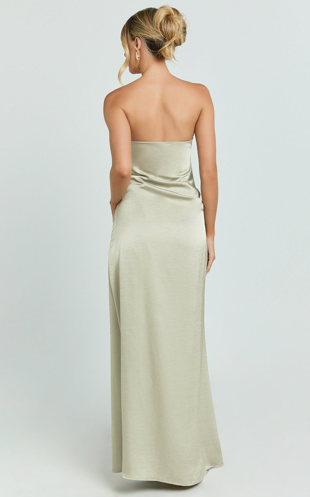 Laurie Maxi Dress - Strapless Draped Satin Dress in Light Olive