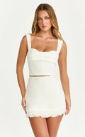 Leanna Two Piece Set - Corset Top And Pearl Flounce Trim Mini Skirt Set in White