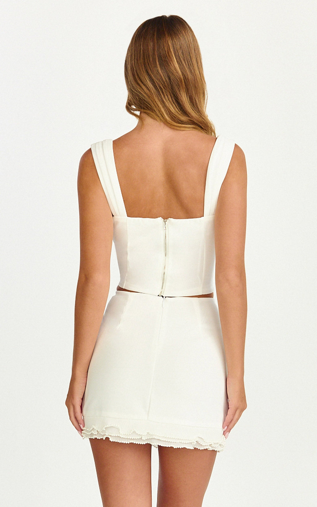 Leanna Two Piece Set - Corset Top And Pearl Flounce Trim Mini Skirt Set in White