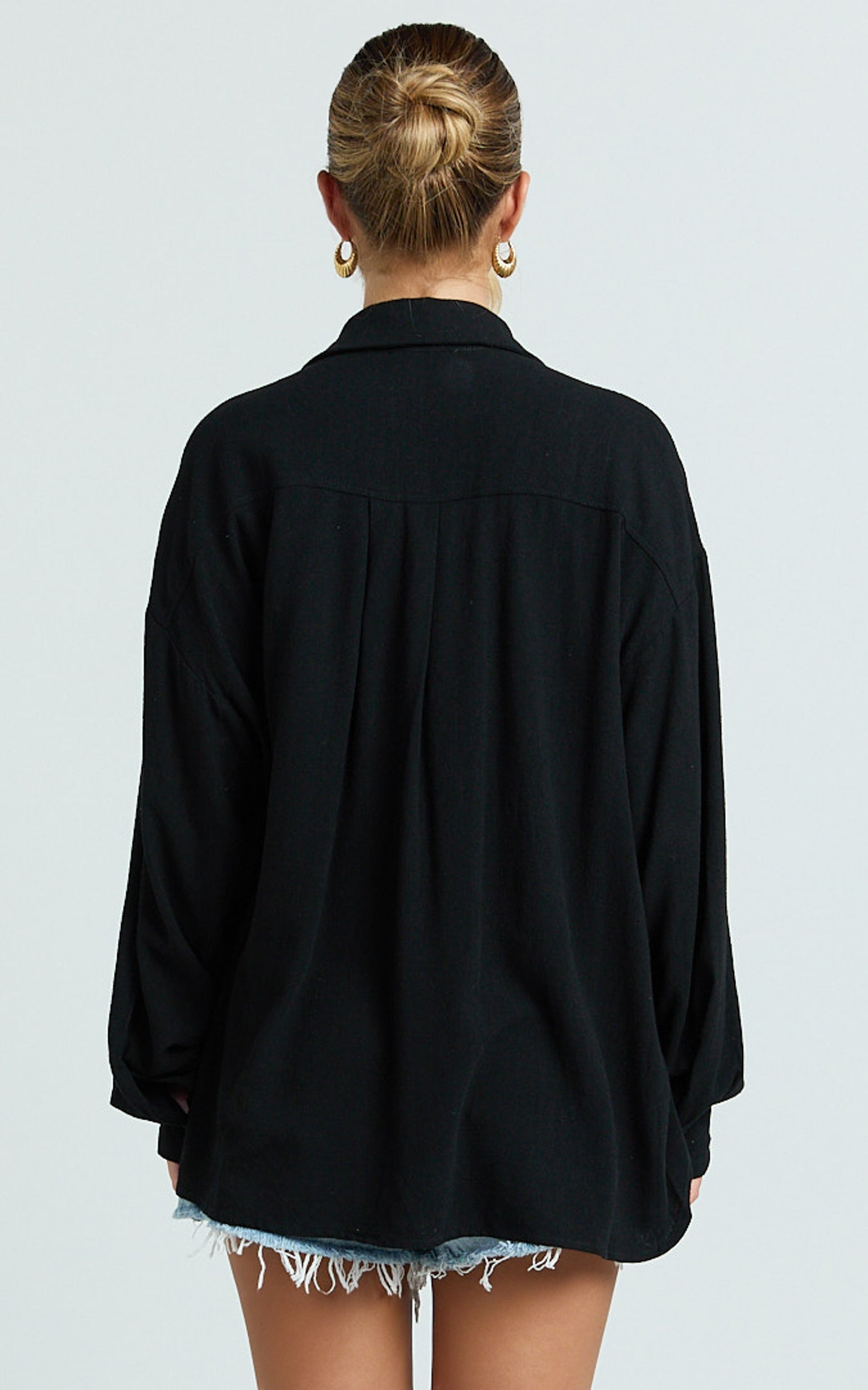 Leanne Top - Button Down Linen Blend Long Sleeve Shirt in Black