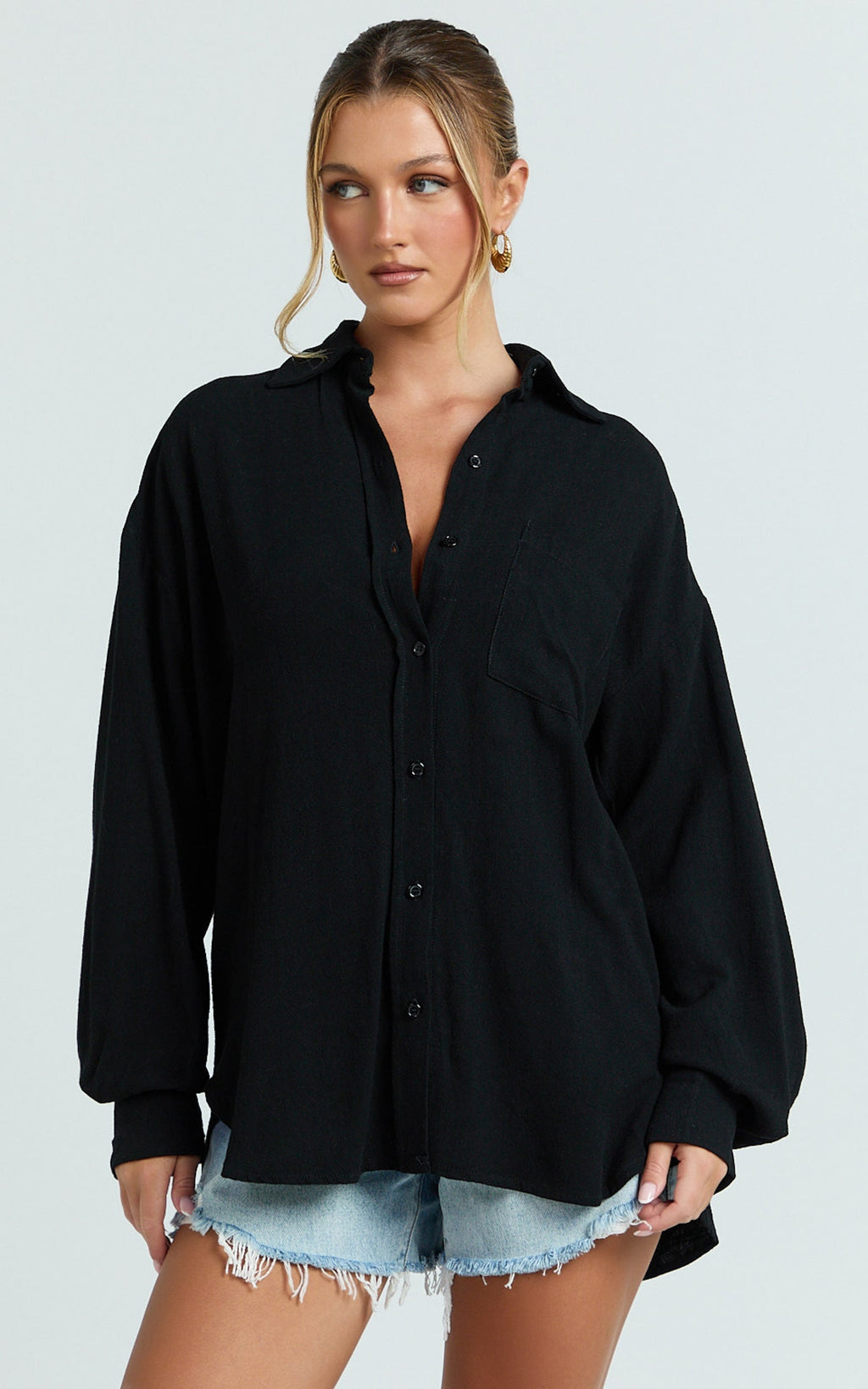 Leanne Top - Button Down Linen Blend Long Sleeve Shirt in Black