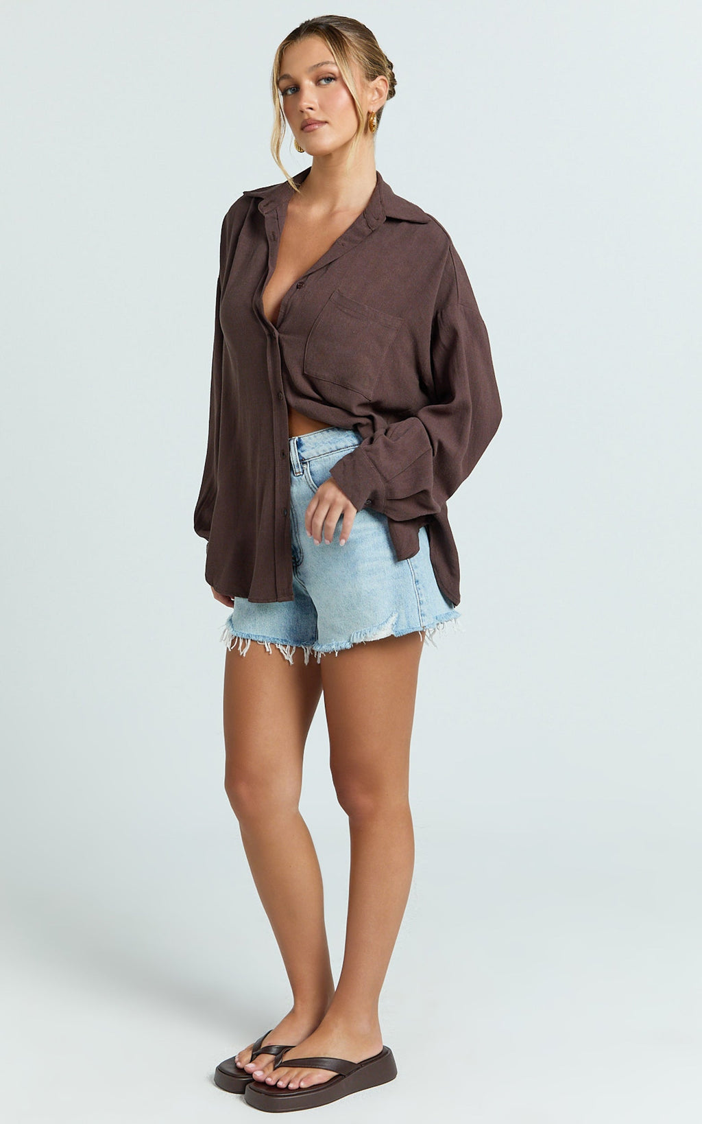Leanne Top - Button Down Linen Blend Long Sleeve Shirt in Chocolate