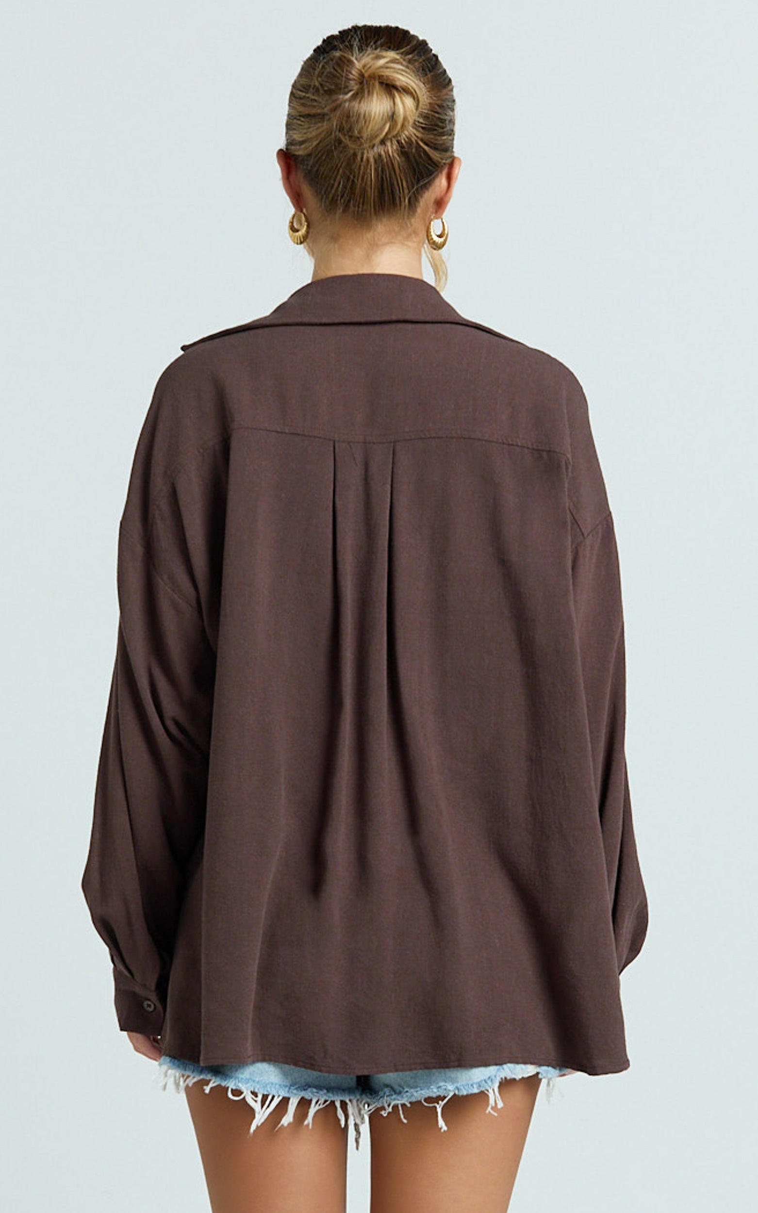 Leanne Top - Button Down Linen Blend Long Sleeve Shirt in Chocolate