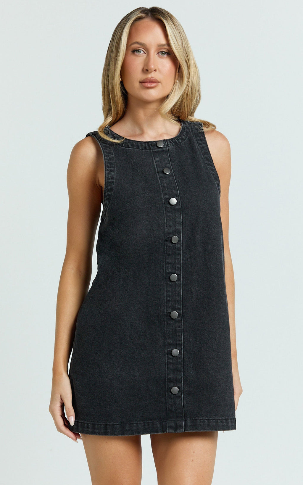 Leia Mini Dress - High Neck Mock Button Down Mini Dress in Black Wash