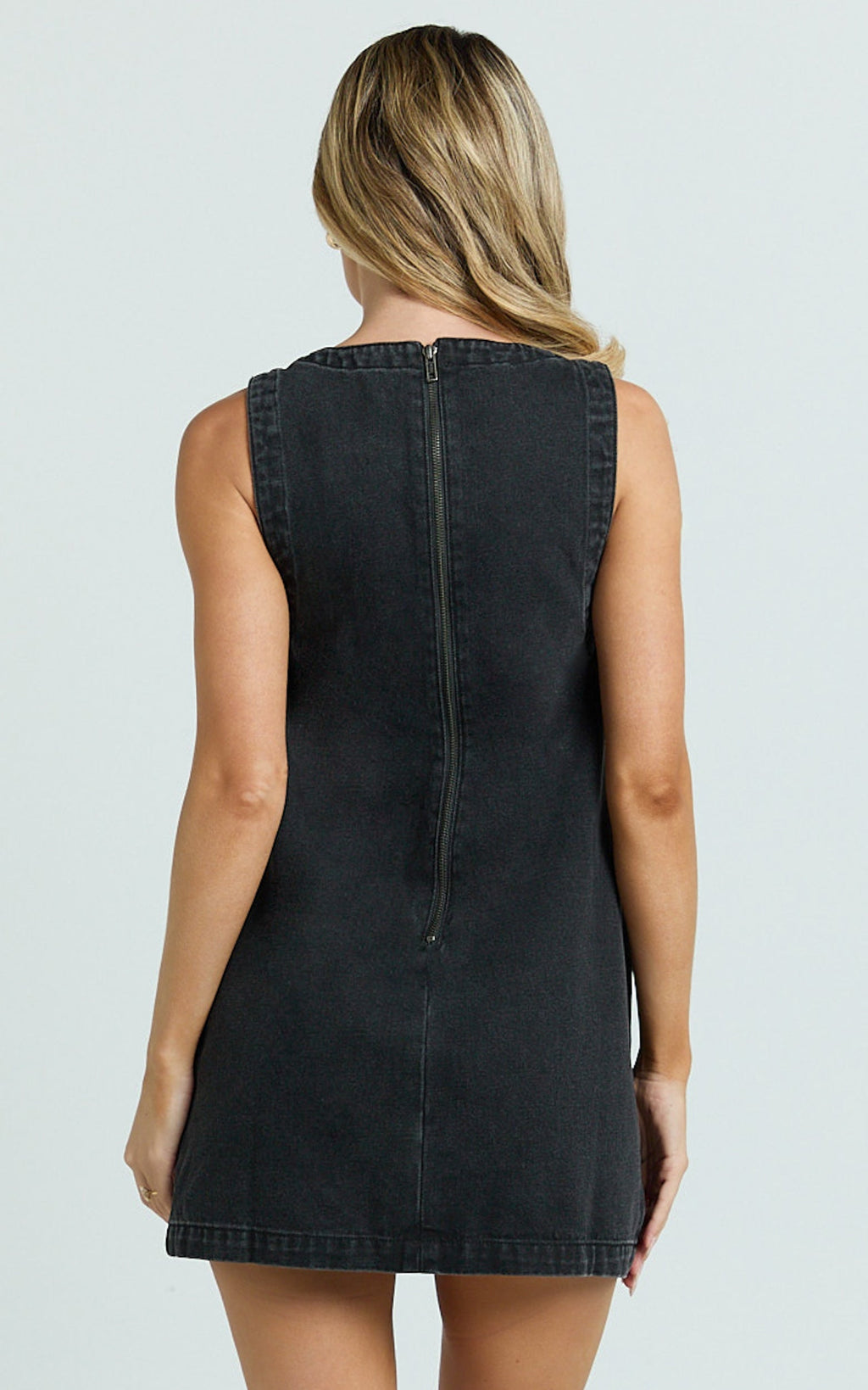 Leia Mini Dress - High Neck Mock Button Down Mini Dress in Black Wash