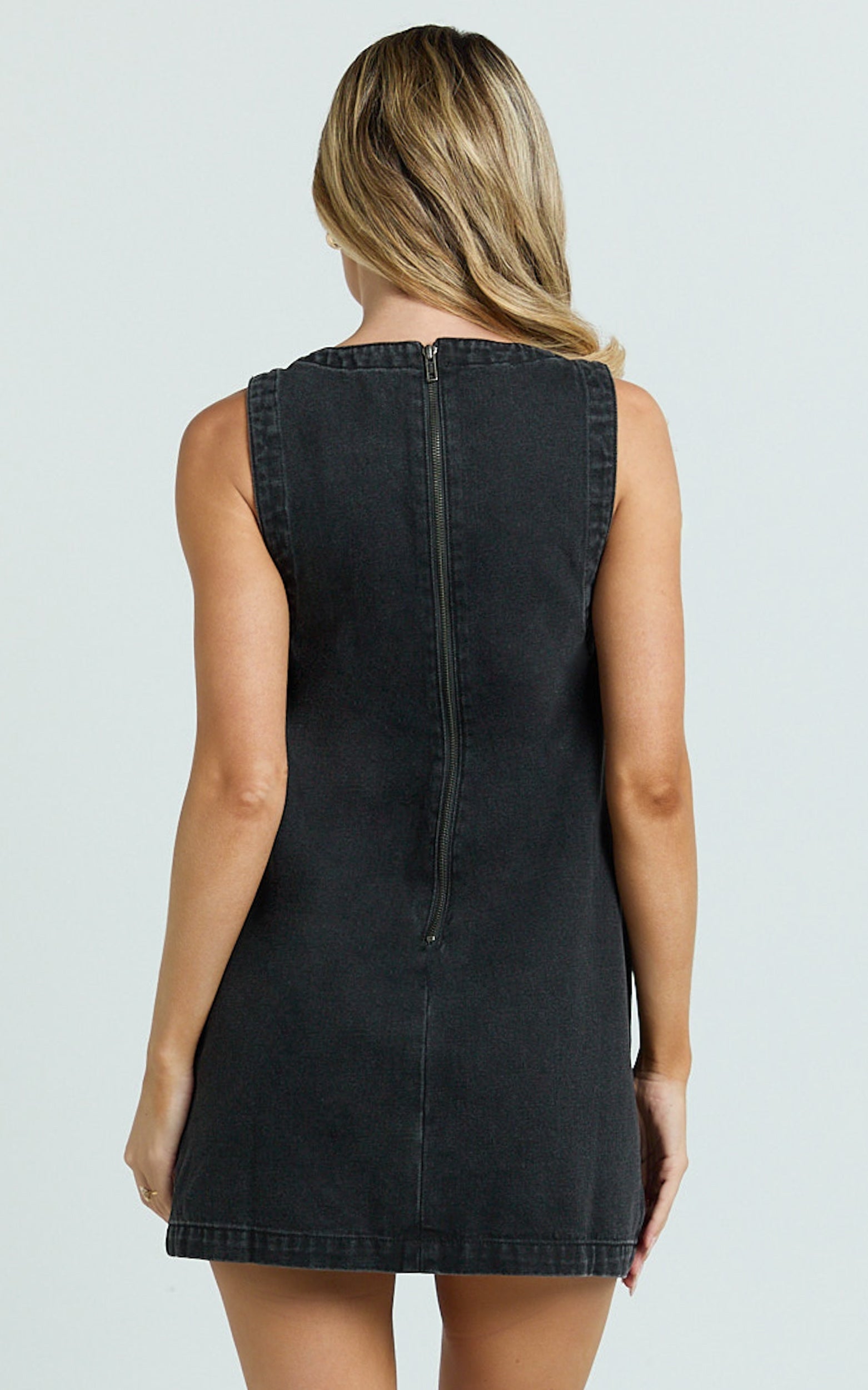 Leia Mini Dress - High Neck Mock Button Down Mini Dress in Black Wash
