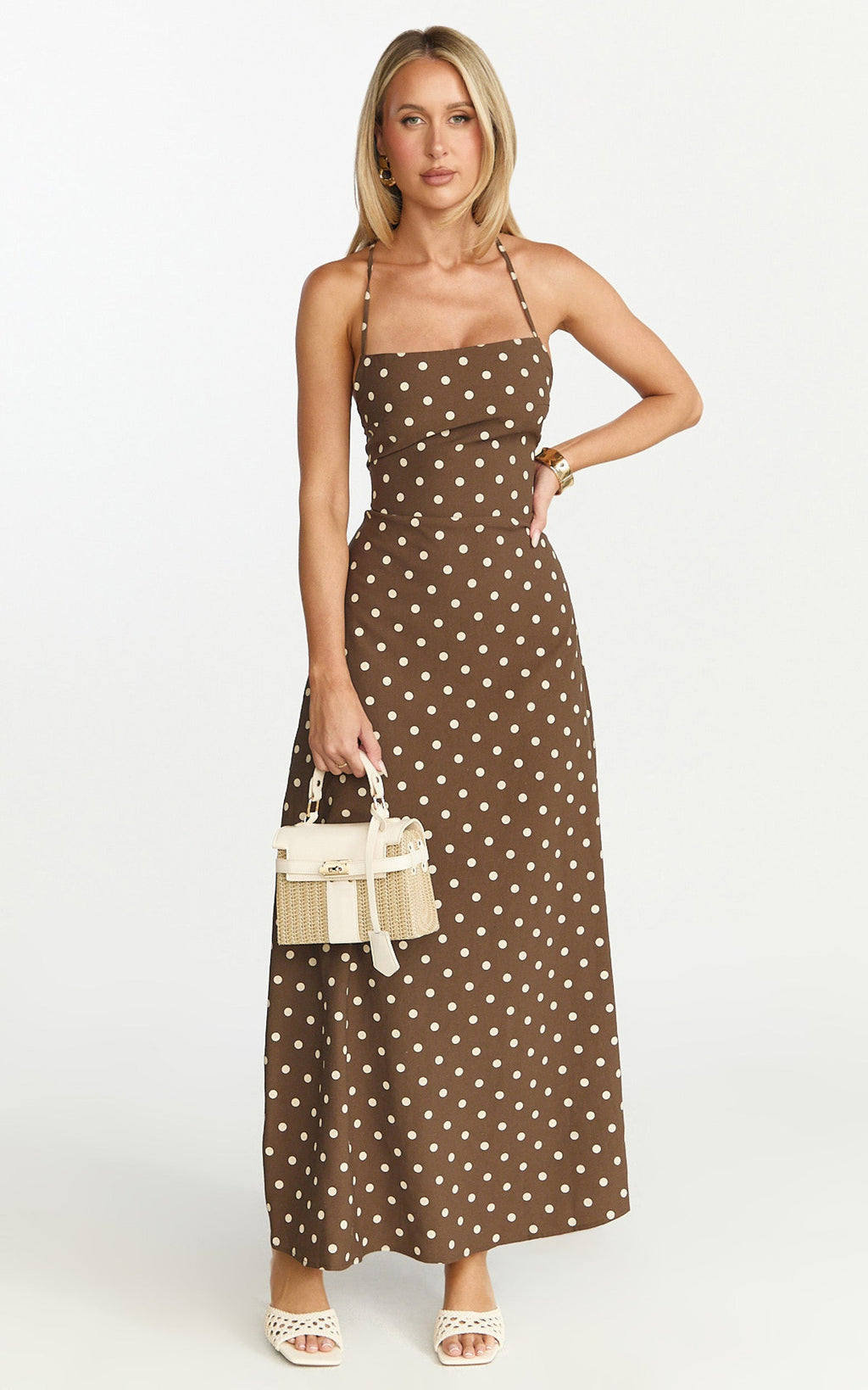 Leighton Midi Dress - Cross Over Spaghetti Straps Square Neck A Line Dress in Choc/Cream Polka Dot
