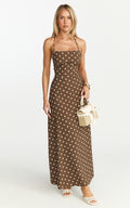 Leighton Midi Dress - Cross Over Spaghetti Straps Square Neck A Line Dress in Choc/Cream Polka Dot