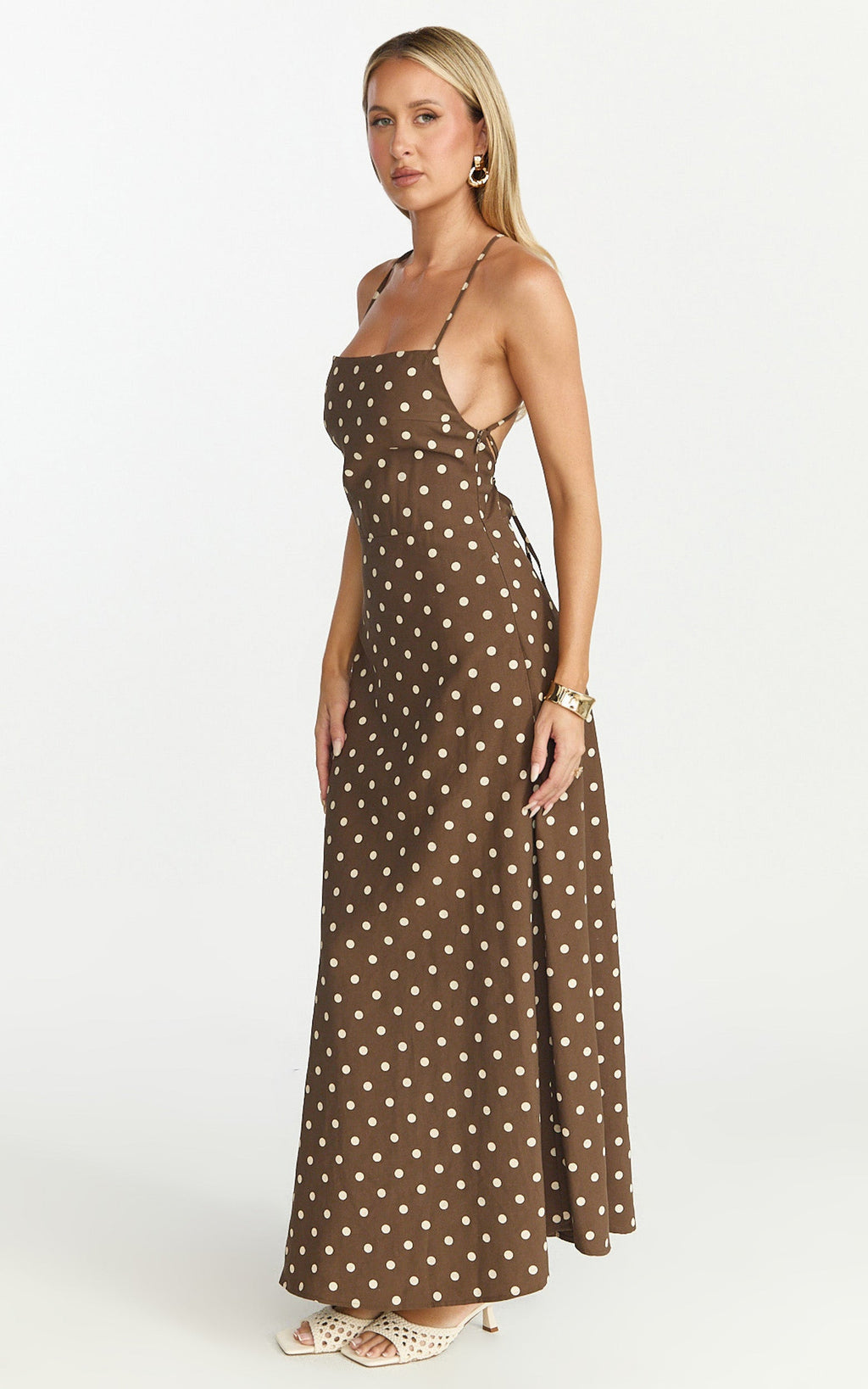 Leighton Midi Dress - Cross Over Spaghetti Straps Square Neck A Line Dress in Choc/Cream Polka Dot