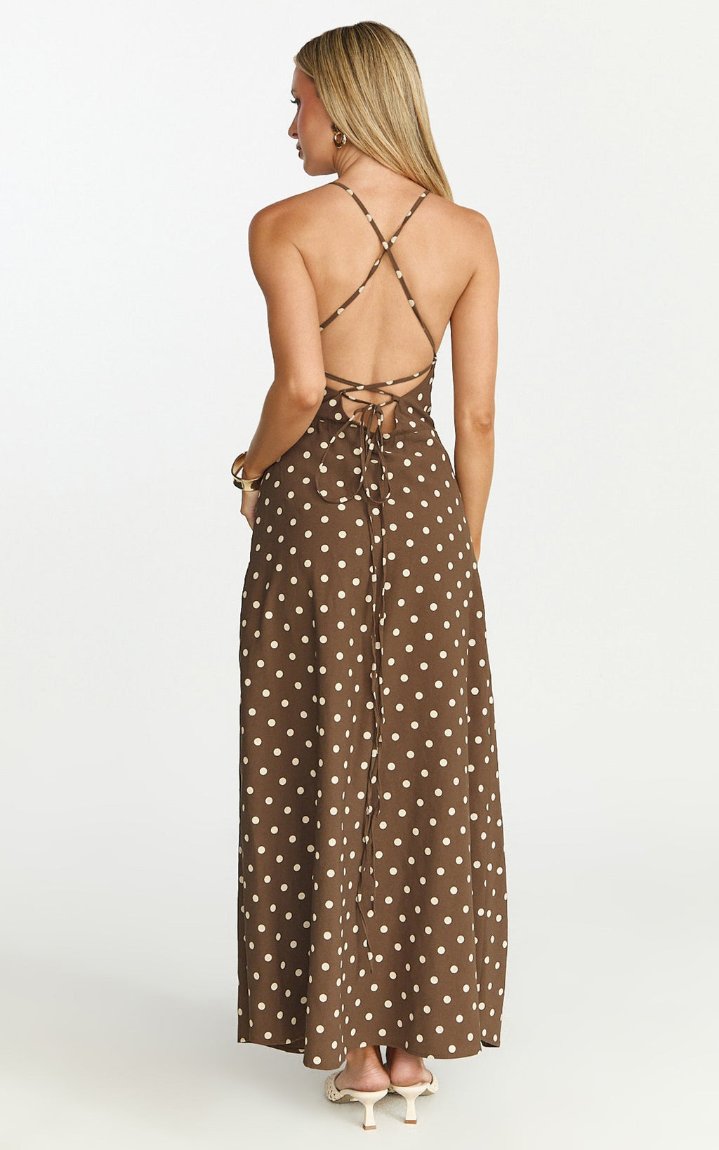 Leighton Midi Dress - Cross Over Spaghetti Straps Square Neck A Line Dress in Choc/Cream Polka Dot
