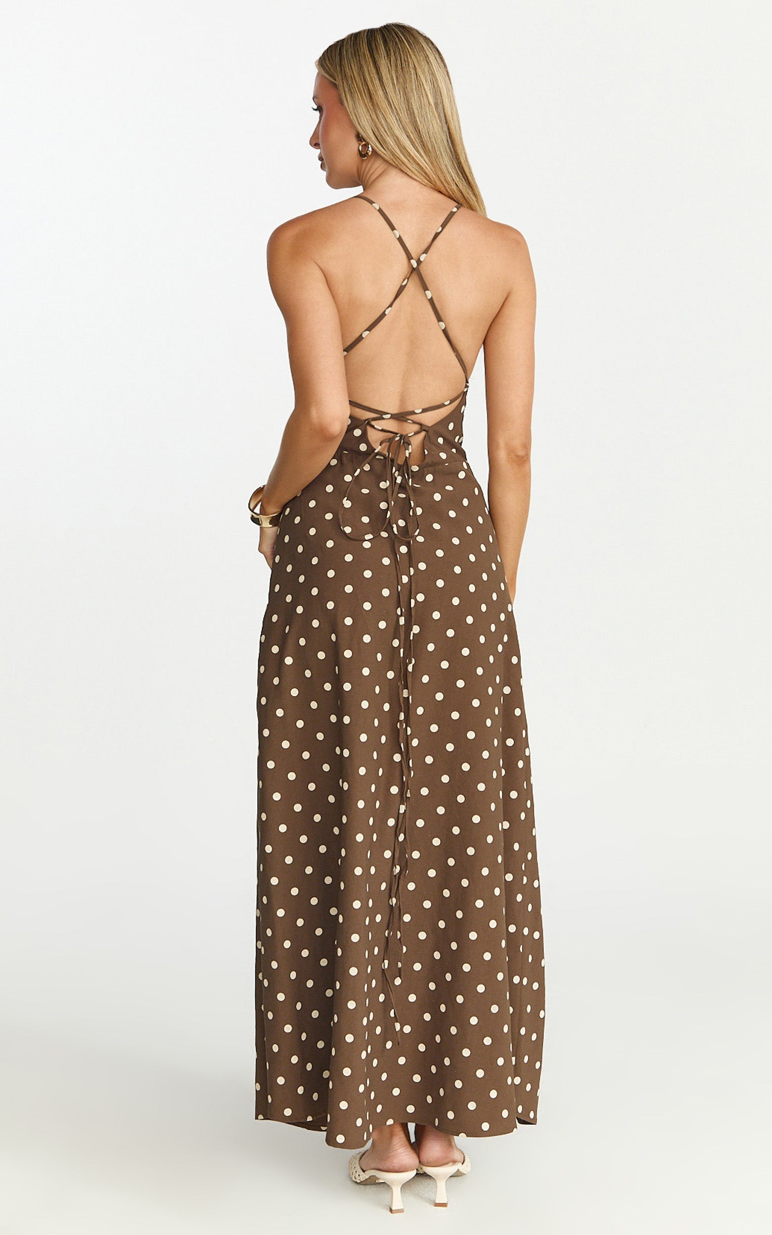 Leighton Midi Dress - Cross Over Spaghetti Straps Square Neck A Line Dress in Choc/Cream Polka Dot