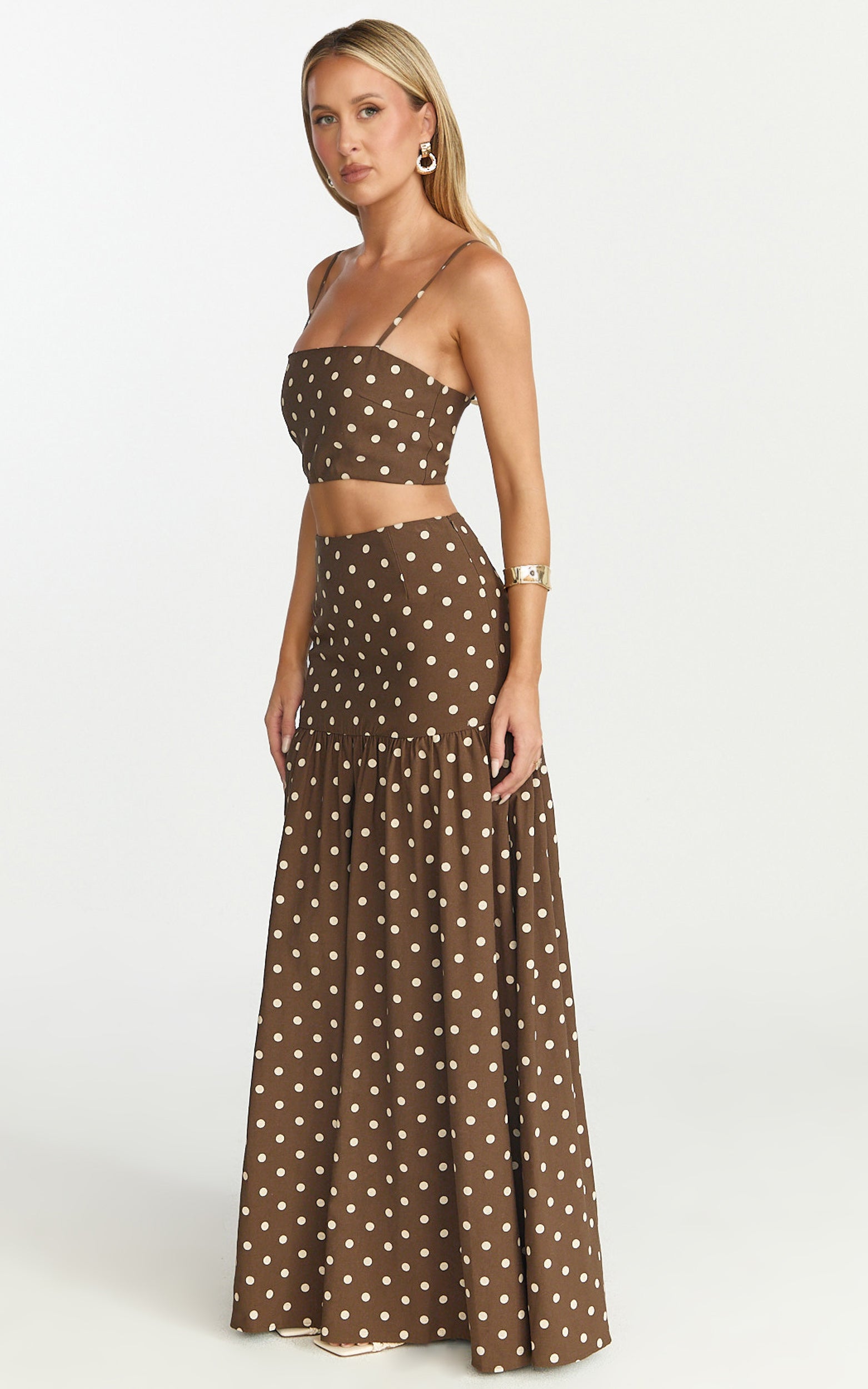 Leighton Two Piece Top and Skirt Set - Crop Top  And Maxi Skirt in Choc/Cream Polka Dot