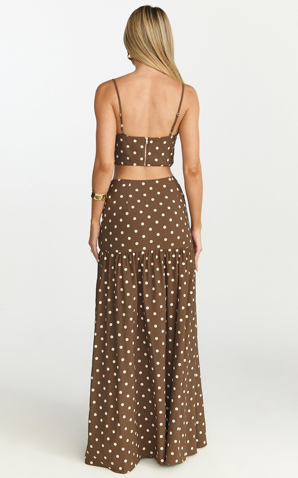 Leighton Two Piece Top and Skirt Set - Crop Top  And Maxi Skirt in Choc/Cream Polka Dot