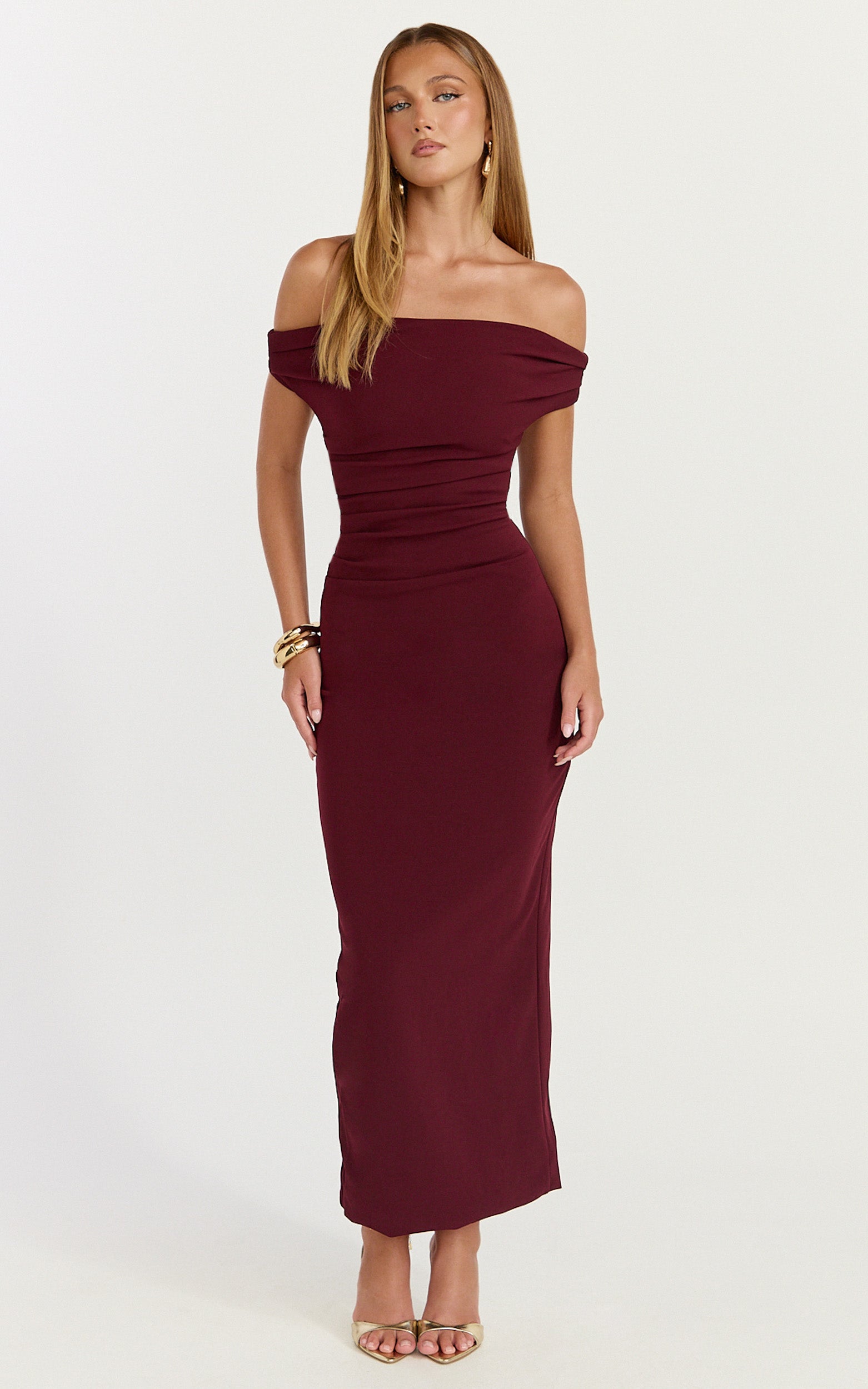 Lena Midi Dress - Off Shoulder Ruched Bodycon Dress in Wine