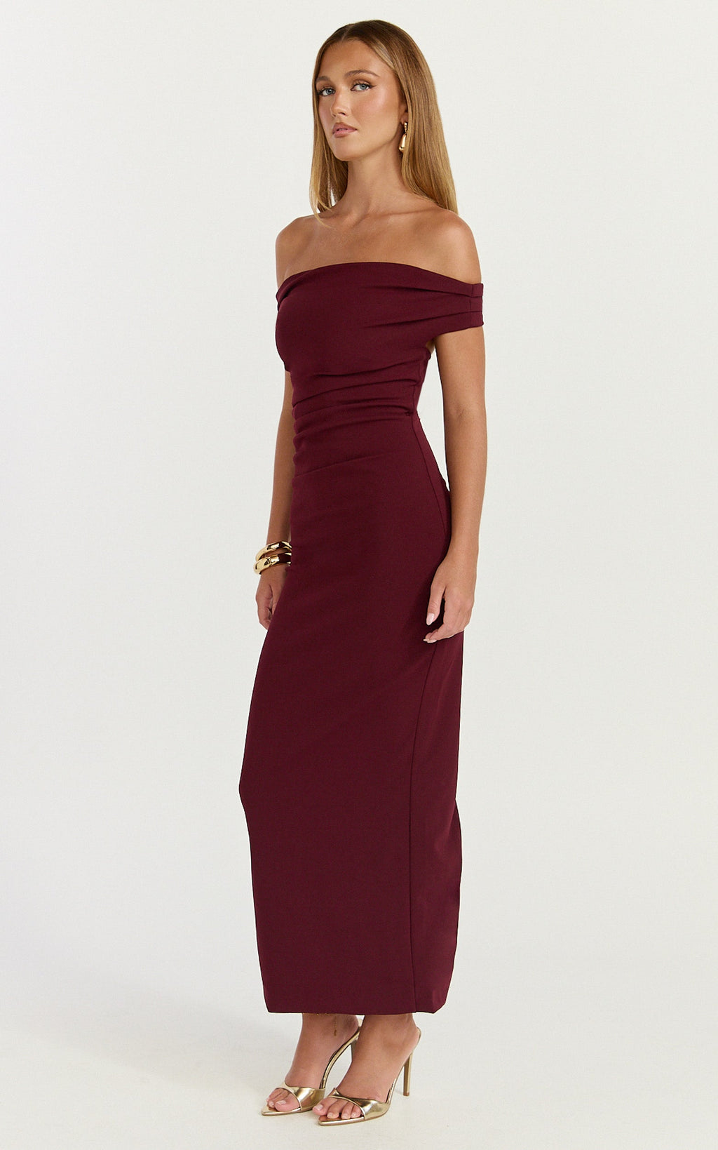 Lena Midi Dress - Off Shoulder Ruched Bodycon Dress in Wine