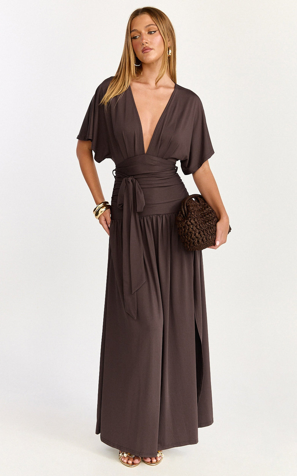 Liana Maxi Dress - Wide Sleeve Tie Waist Maxi Dress in Chocolate