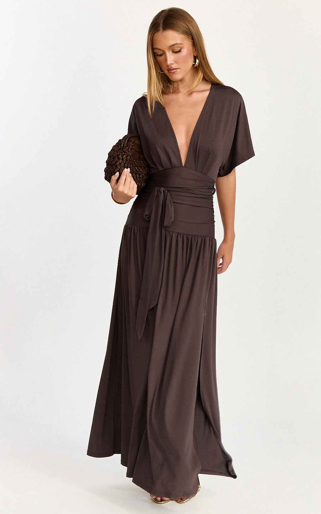 Liana Maxi Dress - Wide Sleeve Tie Waist Maxi Dress in Chocolate