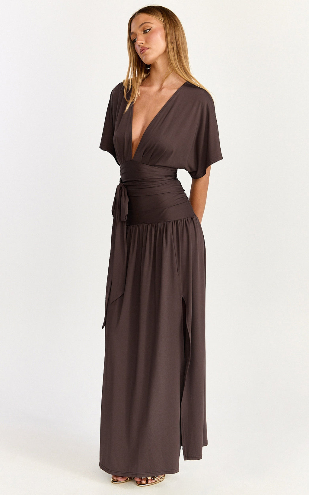 Liana Maxi Dress - Wide Sleeve Tie Waist Maxi Dress in Chocolate