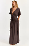 Liana Maxi Dress - Wide Sleeve Tie Waist Maxi Dress in Chocolate